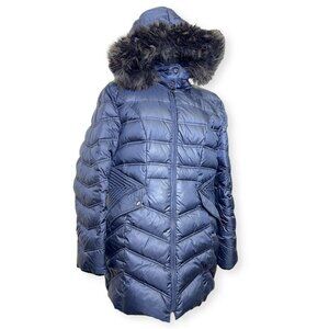Cleo Navy Blue Long Feather Down Puffer Coat with Faux Fur Hood